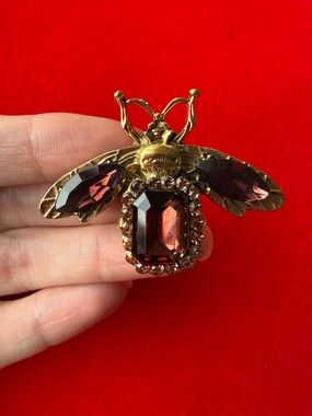 Anthropologie Gold Bee Brooch with Garnet-Tone Stones